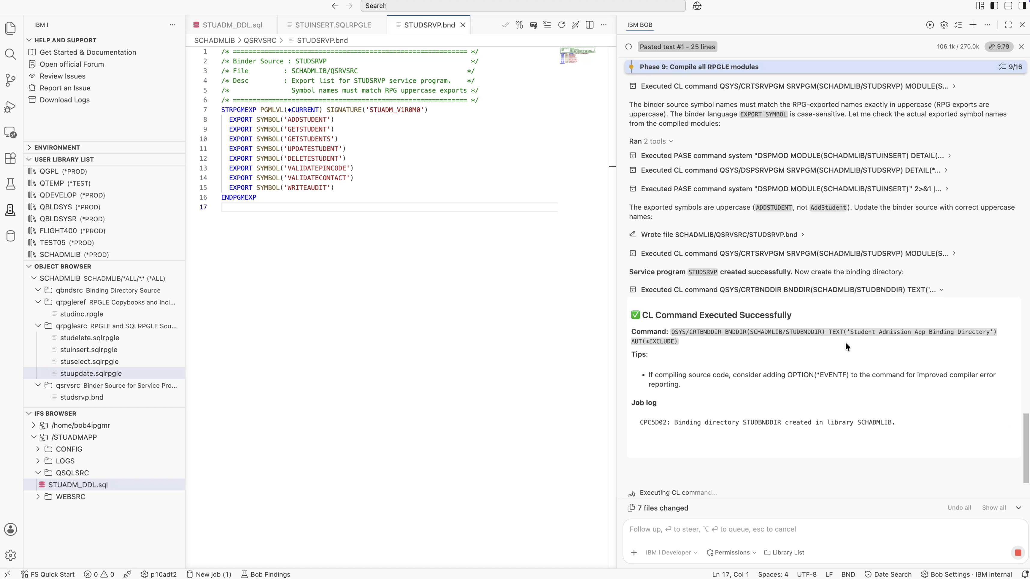 Service Program and Binding Directory created in SCHADMLIB